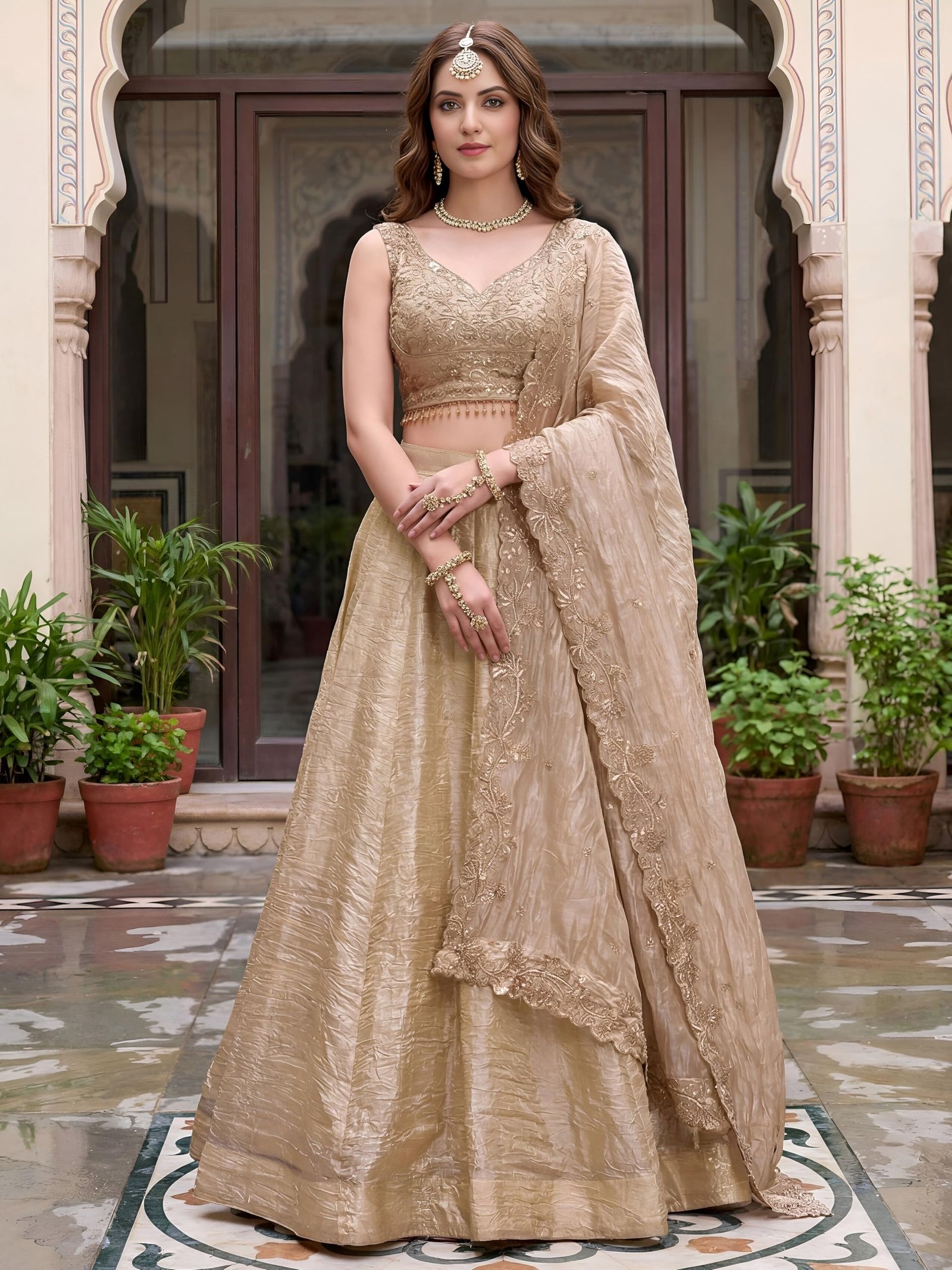 Women's Zari Sequins Embroidered Work Crush Silk Lehenga Choli With Dupatta (5136-Golden-Women-Lehenga-Choli-Latest; Free size) - Image 2