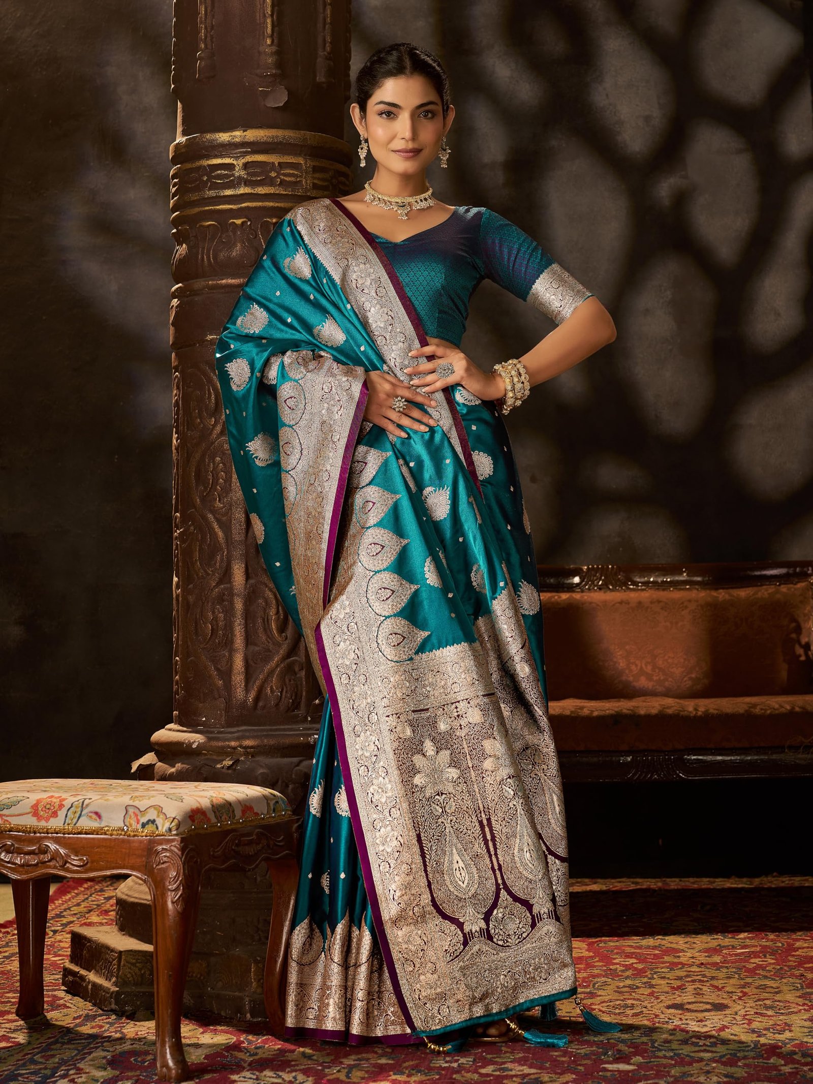 Women's Zari Titan Satin Banarasi Silk Saree For Wedding With Gold Zari Woven With Unstitched Blouse Piece - Image 5