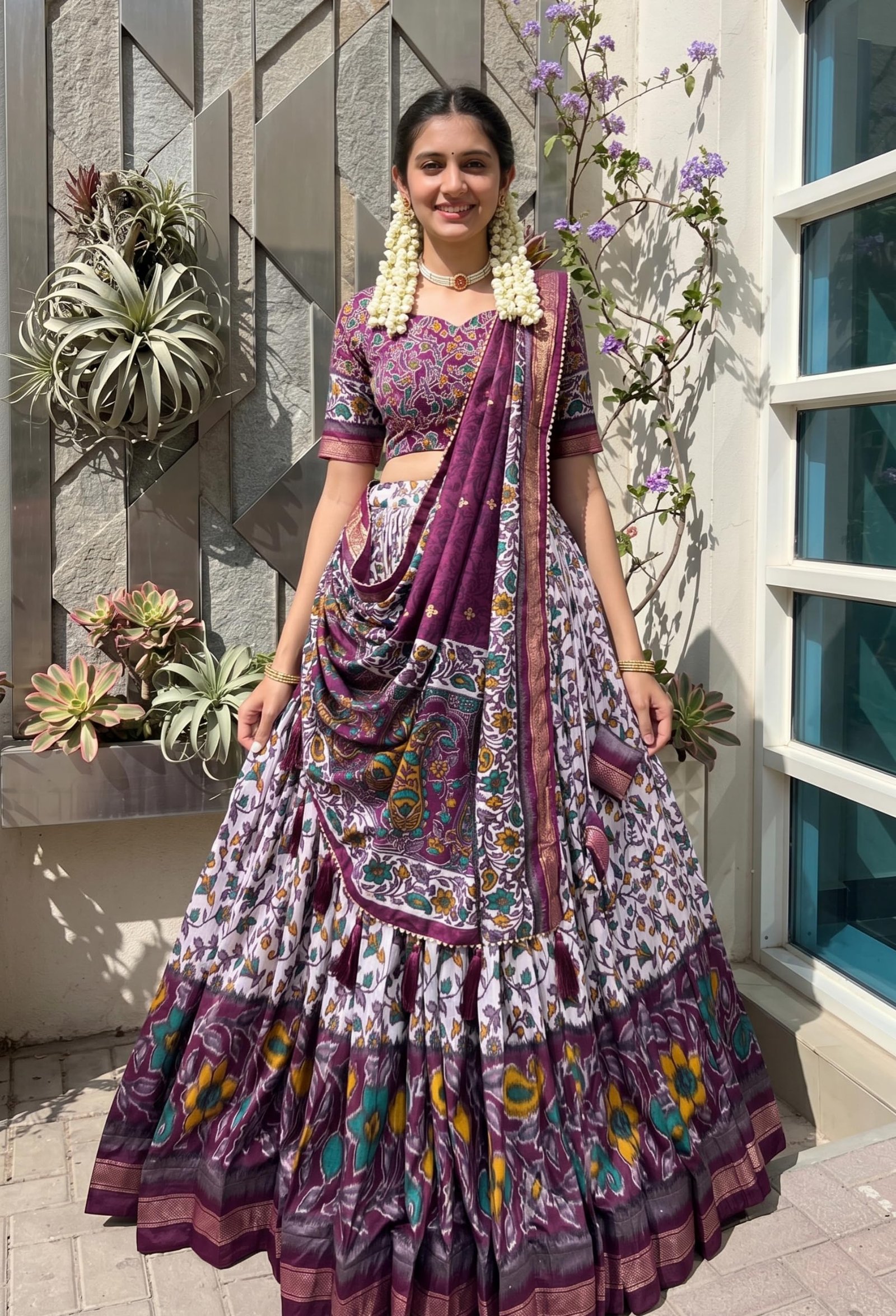 Women's Trending Designeer Tussar Silk Lehenga Choli Print with Foil Work With Unstitched Blouse Patola Print Adorned with Foil Work For Navrati || Wedding || Festival (1217 PURPLE) - Image 4