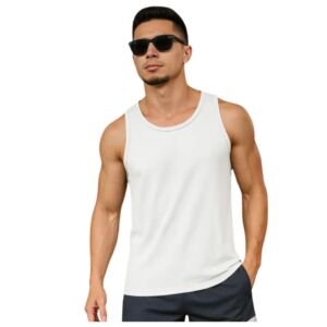Men Sleeveless Tank Top Athletic Gym Vest Round Neck Inner Fit Cotton Blend Workout Under Wear for Training Fitness Sports Casual Use White