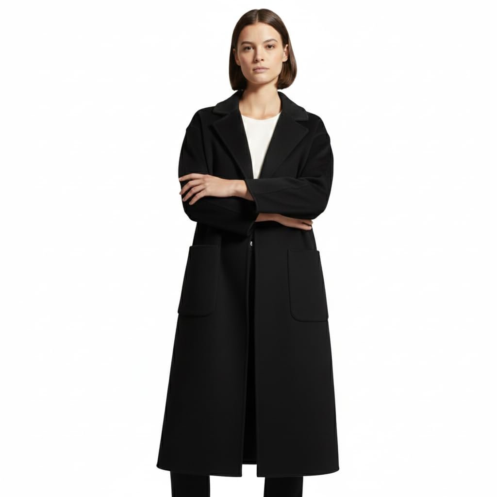 Women's Long Wool Blend Winter Black Overcoat Shoulder 20.5" Bust 42" Length 40.5" XL