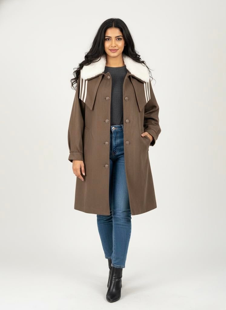 Women’s Wool Blend Winter Overcoat Collar, Long Warm Coat, Elegant Party/Jacket for Women (Brown With White Fur Size L/XL) - Image 4