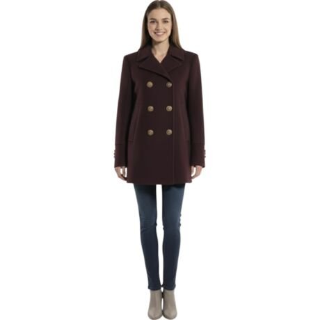 Women's Double Breasted Maroon Winter Coat M Wool Blend Elegant Formal Long Sleeve
