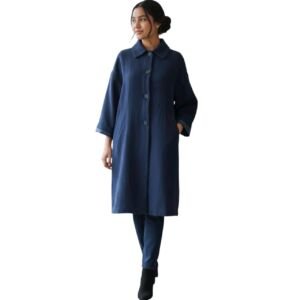 Navy Blue Double Breasted Wool Blend Overcoat For Women, Size L, Formal Winter Coat, Long Sleeve