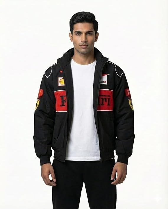 F1 Speed Printed Jacket | Streetwear Fusion | Racing Jacket with Patches, Full Zip Hooded Motorsport Style Outerwear RED - Image 2