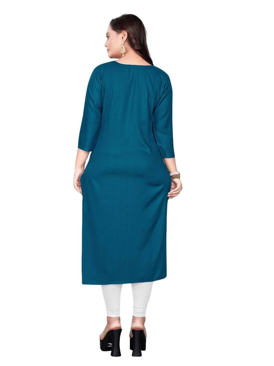 Raghav Silk Cotton Blend Straight Embroidery Kurti for Women (in, Alpha, Teal) - Image 2