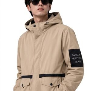 Men's Hooded Cargo Jacket Lightweight Casual Zip-Up Windbreaker with Flap Pockets, Urban Streetwear Outerwear Coat Khaki