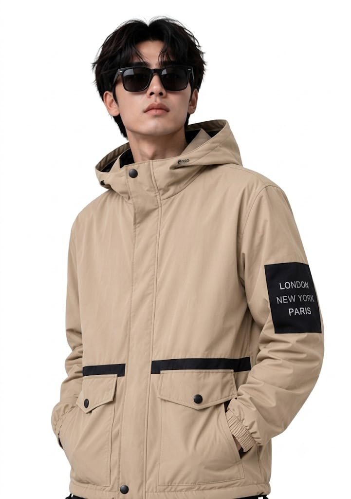 Men's Hooded Cargo Jacket Lightweight Casual Zip-Up Windbreaker with Flap Pockets, Urban Streetwear Outerwear Coat Khaki