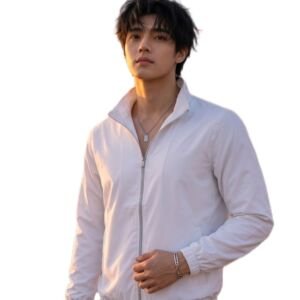 Classic White Windbreaker Jacket Men's Full Zip Standing Collar Casual Jacket