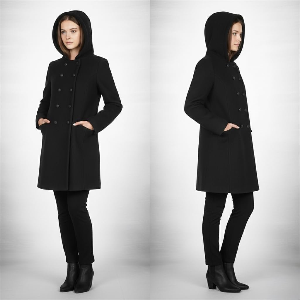 Women's Black Wool Blend Hooded Double Breasted Long Overcoat Winter Jacket Medium - Image 2