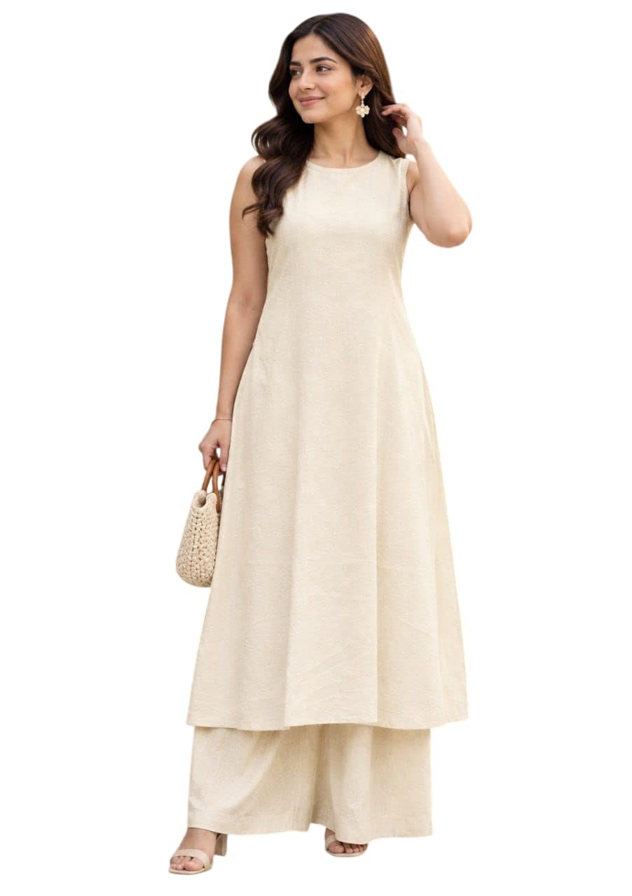Rayon Kurta for Women | Sleeveless Kurti Set Woman | Anarkali Kurti with Palazzo | Plain Co Ord Outfit | Office Party Traditional Clothing for Womens (in, Alpha, Regular, Womens, Off-White)