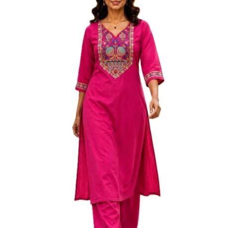 Women's Cotton V-Neck Kurta Set, 3/4 Sleeve Embroidered Festive and Occasion Straight Kurti with Matching Palazzo Pants Pink 3XL