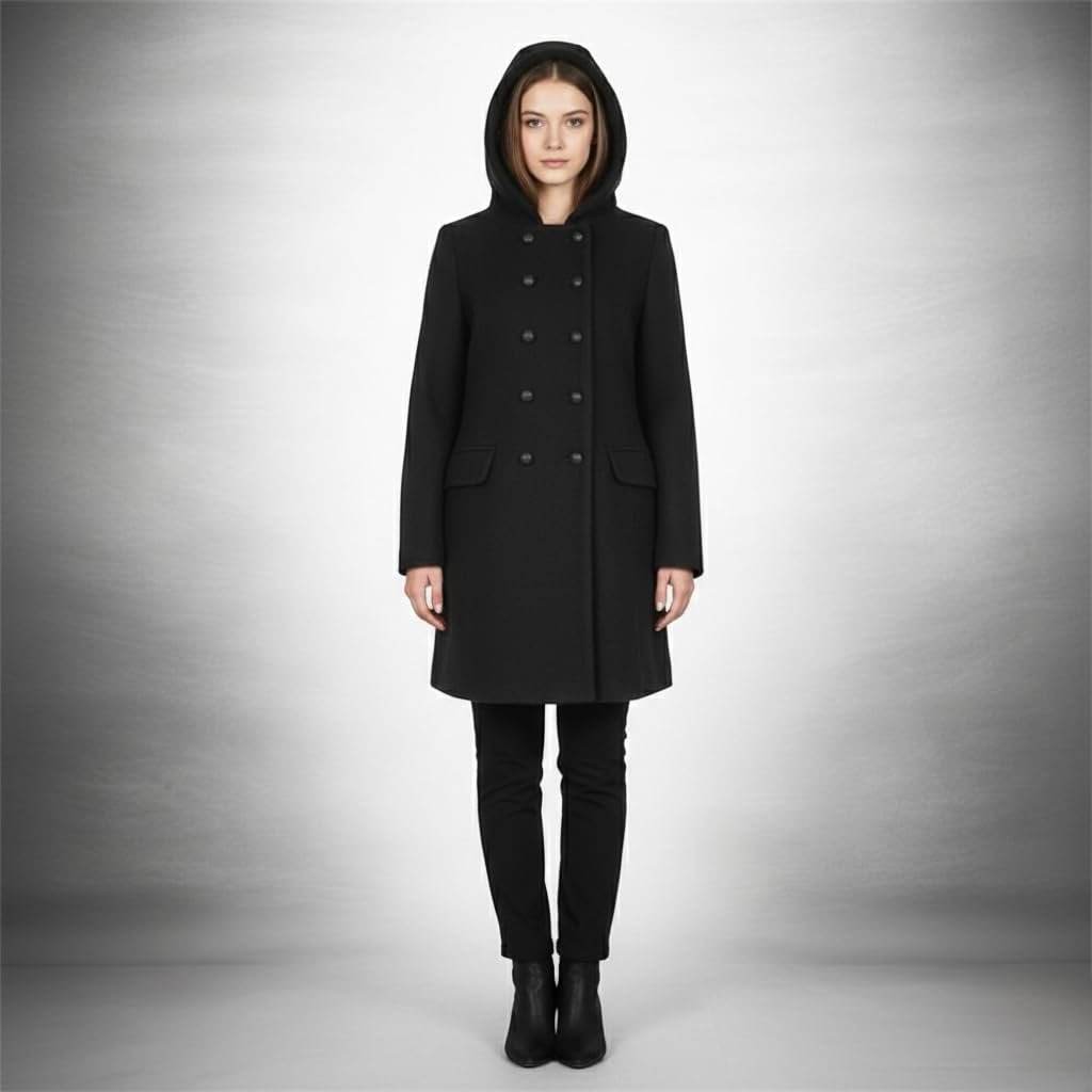 Women's Black Wool Blend Hooded Double Breasted Long Overcoat Winter Jacket Medium - Image 4