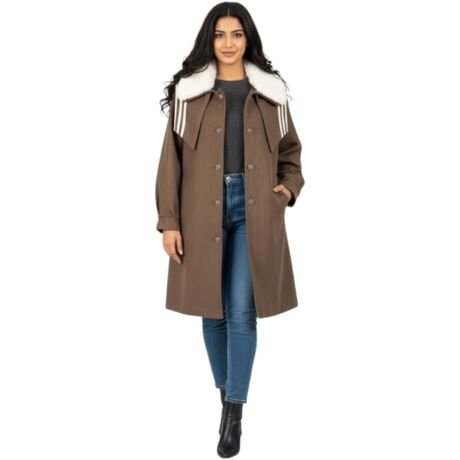 Women’s Wool Blend Winter Overcoat Collar, Long Warm Coat, Elegant Party/Jacket for Women (Brown With White Fur Size L/XL)