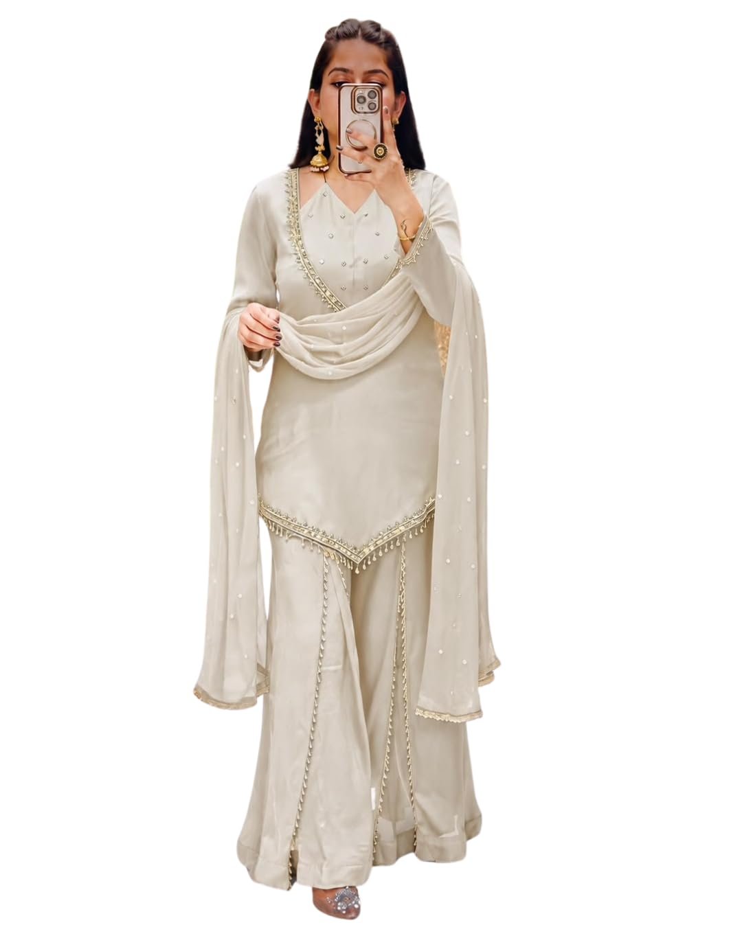 Women’s Roman Glass Kurti with Real Mirror Work, Fully Stitched Ready to Wear Ethnic Top, Full Sleeve Kurti with Heavy Micro Cotton Inner, 32–33 Inch Length White