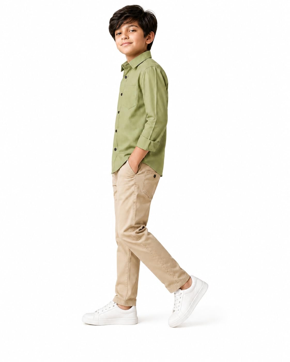 Boy Premium Cotton Blend Regular Fit Full Sleeves Plain Shirt for Boys with Elegant Design | Stylish & Comfortable Shirt for Casual Outings (in, Age, 14 Years, 15 Years, Regular, Boys, Olive Green) - Image 4