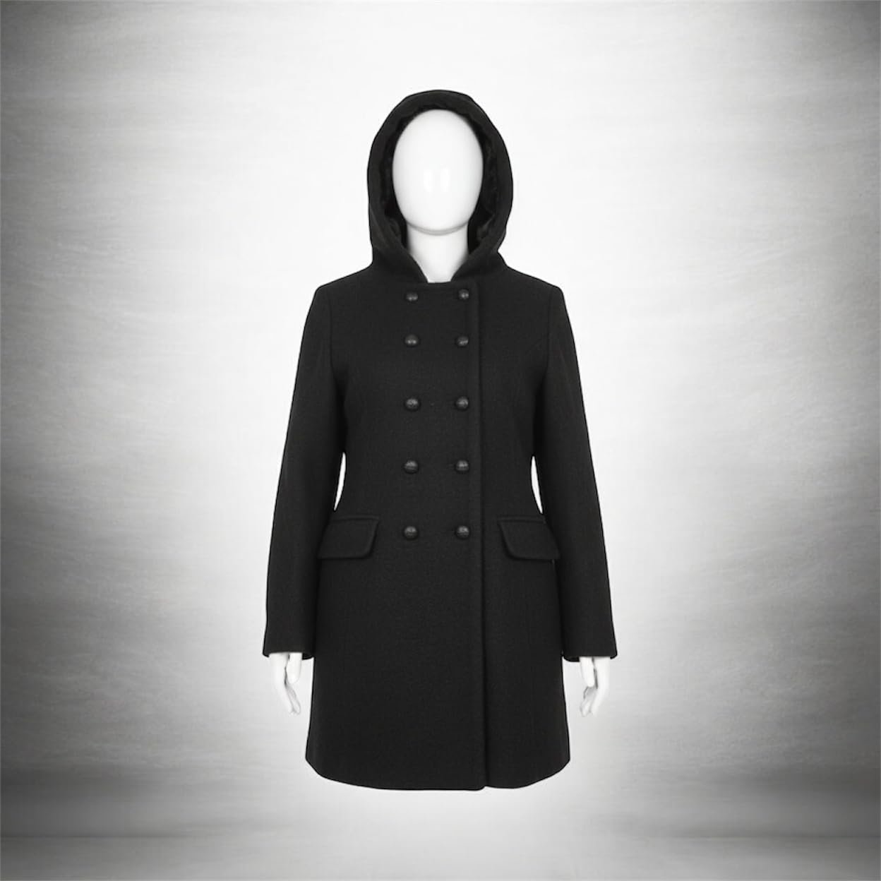 Women's Black Wool Blend Hooded Double Breasted Long Overcoat Winter Jacket Medium - Image 3