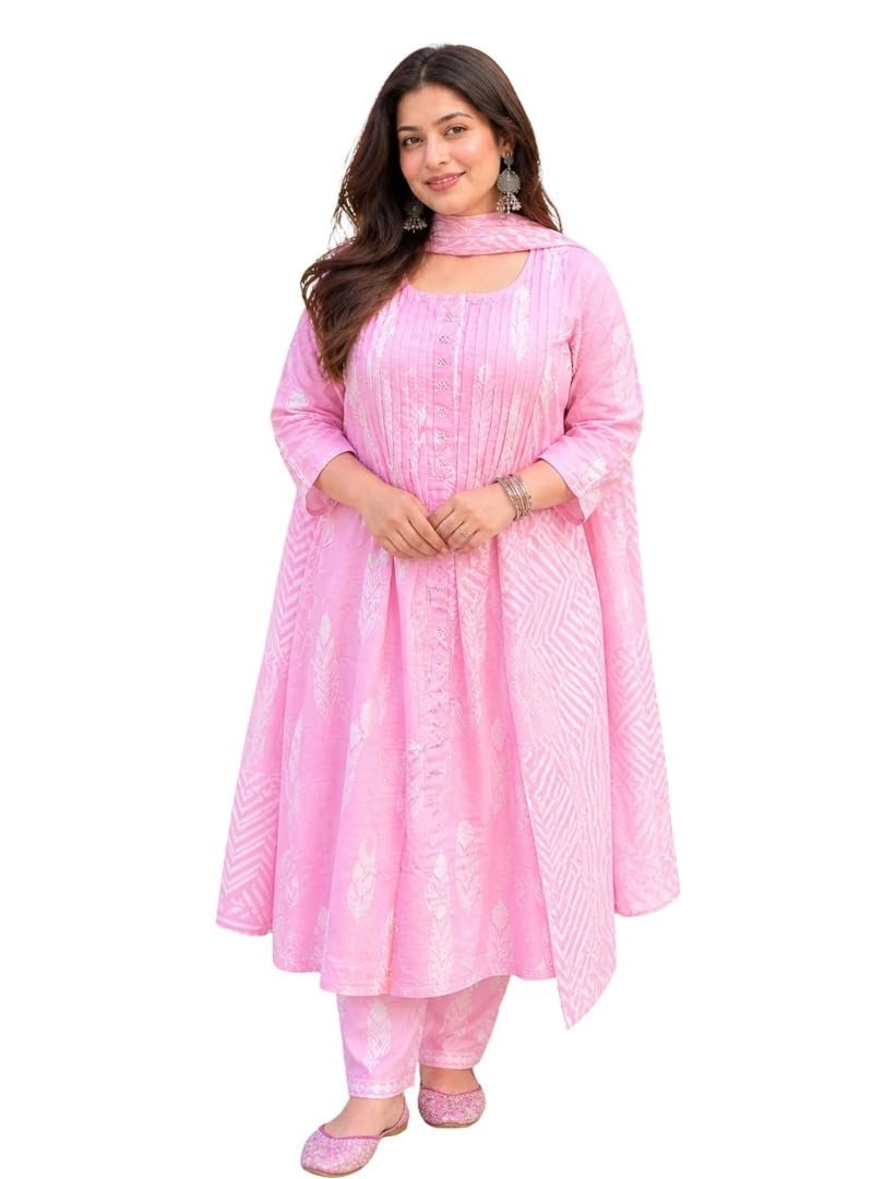 Women’s Cotton Kurti Pant Dupatta Set | Handwork Neck Design with Pintex | Ethnic 3 Piece Suit Set | Comfortable Daily & Office Wear | Sizes S to 7XL (IN, Alpha, 5XL)