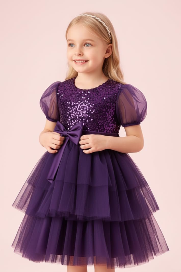 Girls Sequin Tulle Party Dress Toddler Little Kids Puff Sleeve Princess Dress with Bow, Layered Tutu Skirt, Wedding, Birthday, Holiday Purple - Image 4