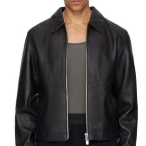 Men's Black Faux Leather Jacket, Shirt Collar Zip-Up Small