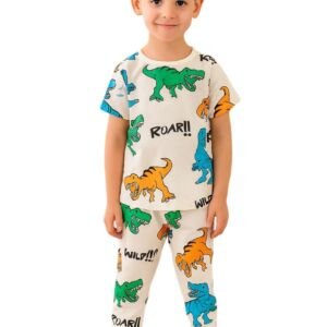 Veta Wear Kids Cotton Blend T-Shirt and Pant Set, Unisex Printed Design, Stretchable Pants with Side Pocket, for Ages 2-12 Years, Multiple Colors (White Dino, 11YR)
