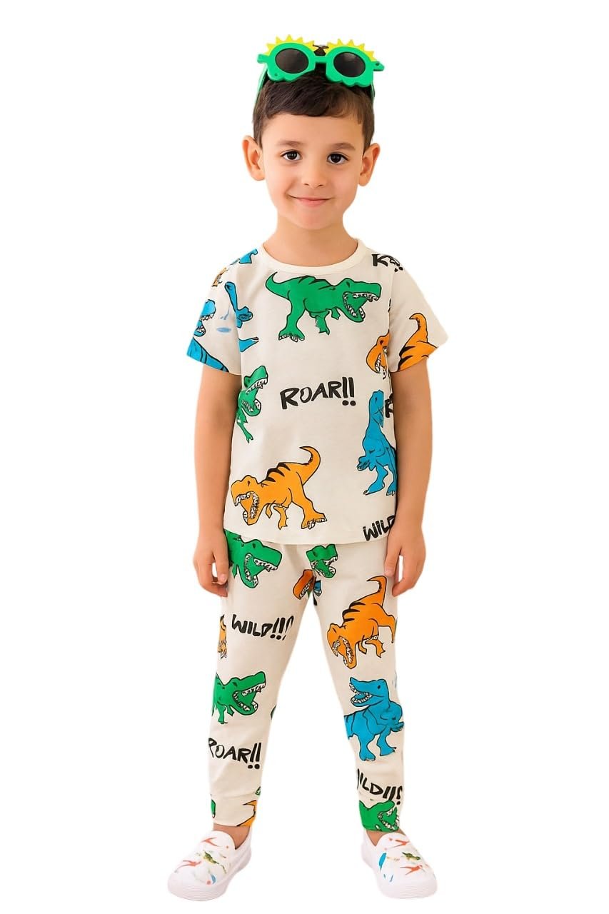 Veta Wear Kids Cotton Blend T-Shirt and Pant Set, Unisex Printed Design, Stretchable Pants with Side Pocket, for Ages 2-12 Years, Multiple Colors (White Dino, 11YR)