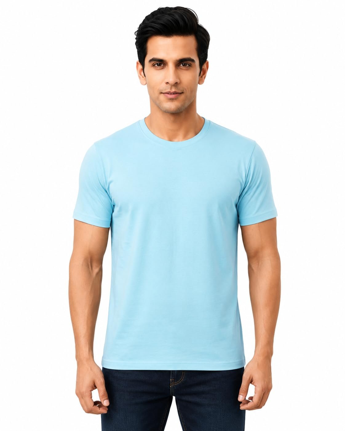 Men's Premium 100% Pure Cotton Crew Neck T-Shirt | 180 GSM Combed Cotton | Soft Breathable Regular Fit Half Sleeve Tee Sky Blue