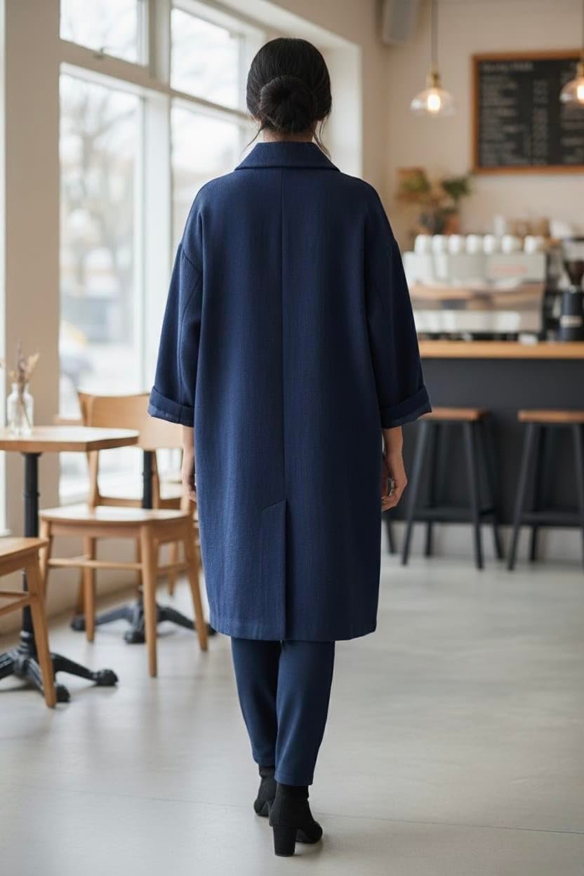 Navy Blue Double Breasted Wool Blend Overcoat For Women, Size L, Formal Winter Coat, Long Sleeve - Image 3