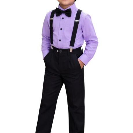 Veta Wear Full Sleeve Shirt and Trouser Set with Suspenders and Bow Tie, Cotton Blend for Boys 2-7 Years, Formal Set (Purple, 6 Year)