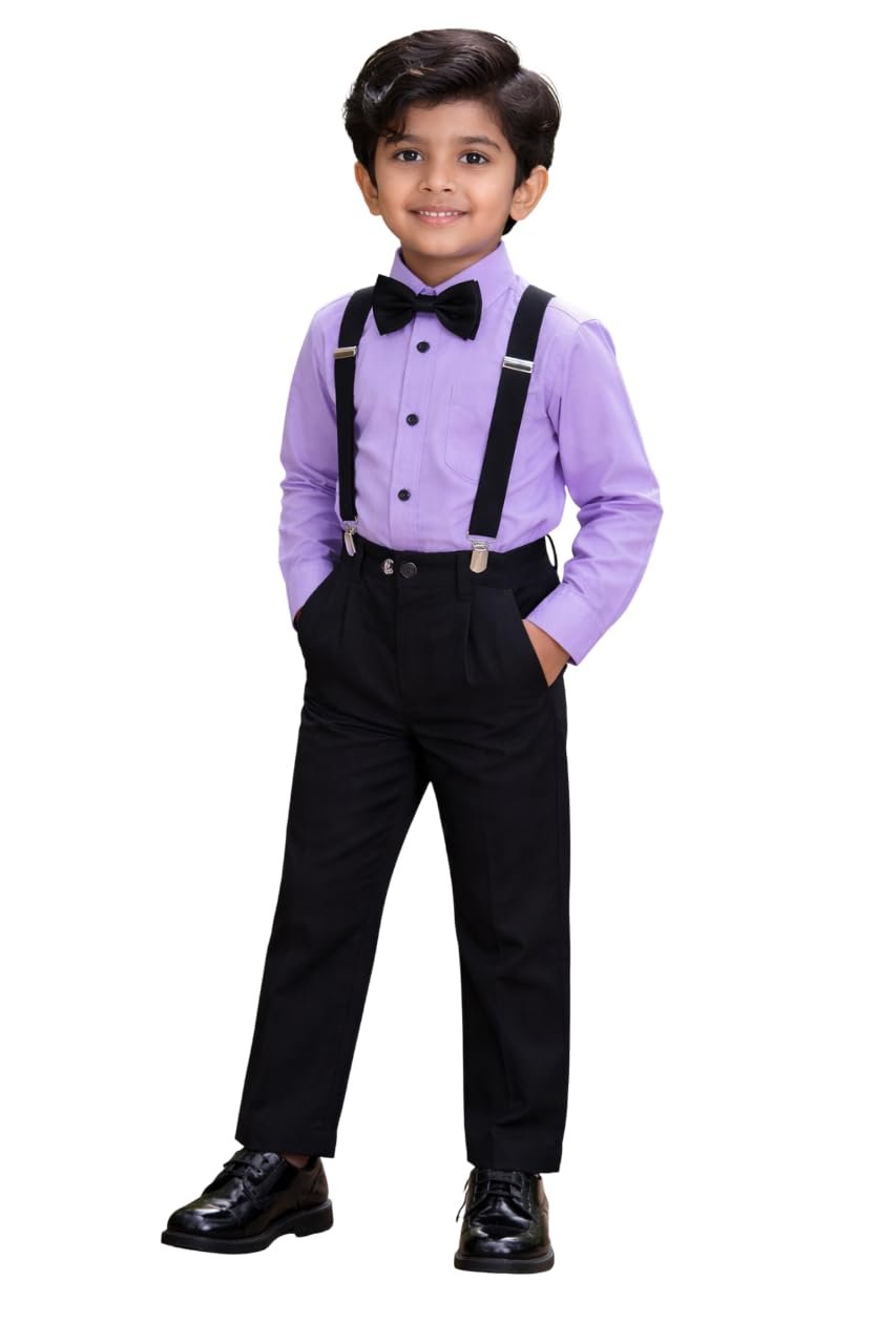 Veta Wear Full Sleeve Shirt and Trouser Set with Suspenders and Bow Tie, Cotton Blend for Boys 2-7 Years, Formal Set (Purple, 6 Year)