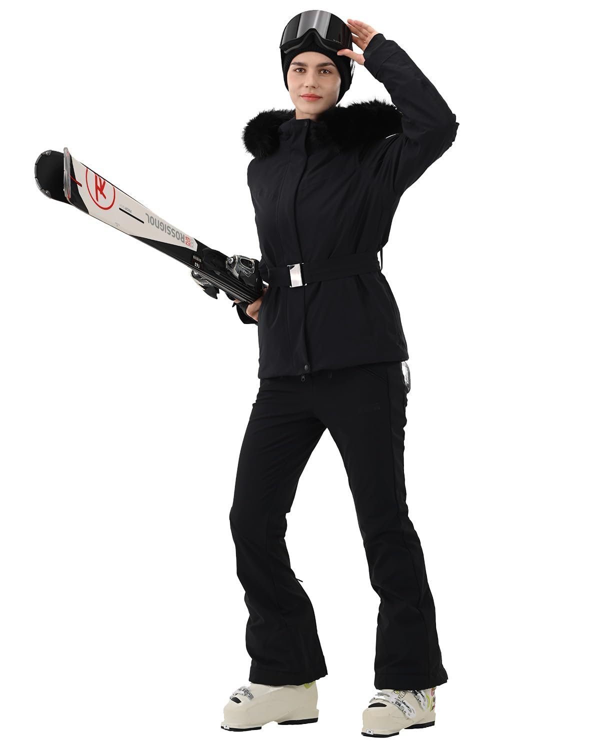Womens Ski Jacket Fitted Belted Snow Coat with Fur Hood - Image 3