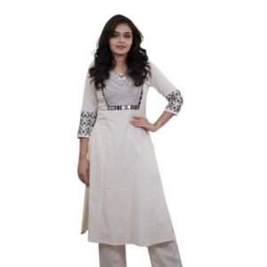 Trendy Articraft's Women's Cotton Embroidery Straight Kurti with Pant Set (White)
