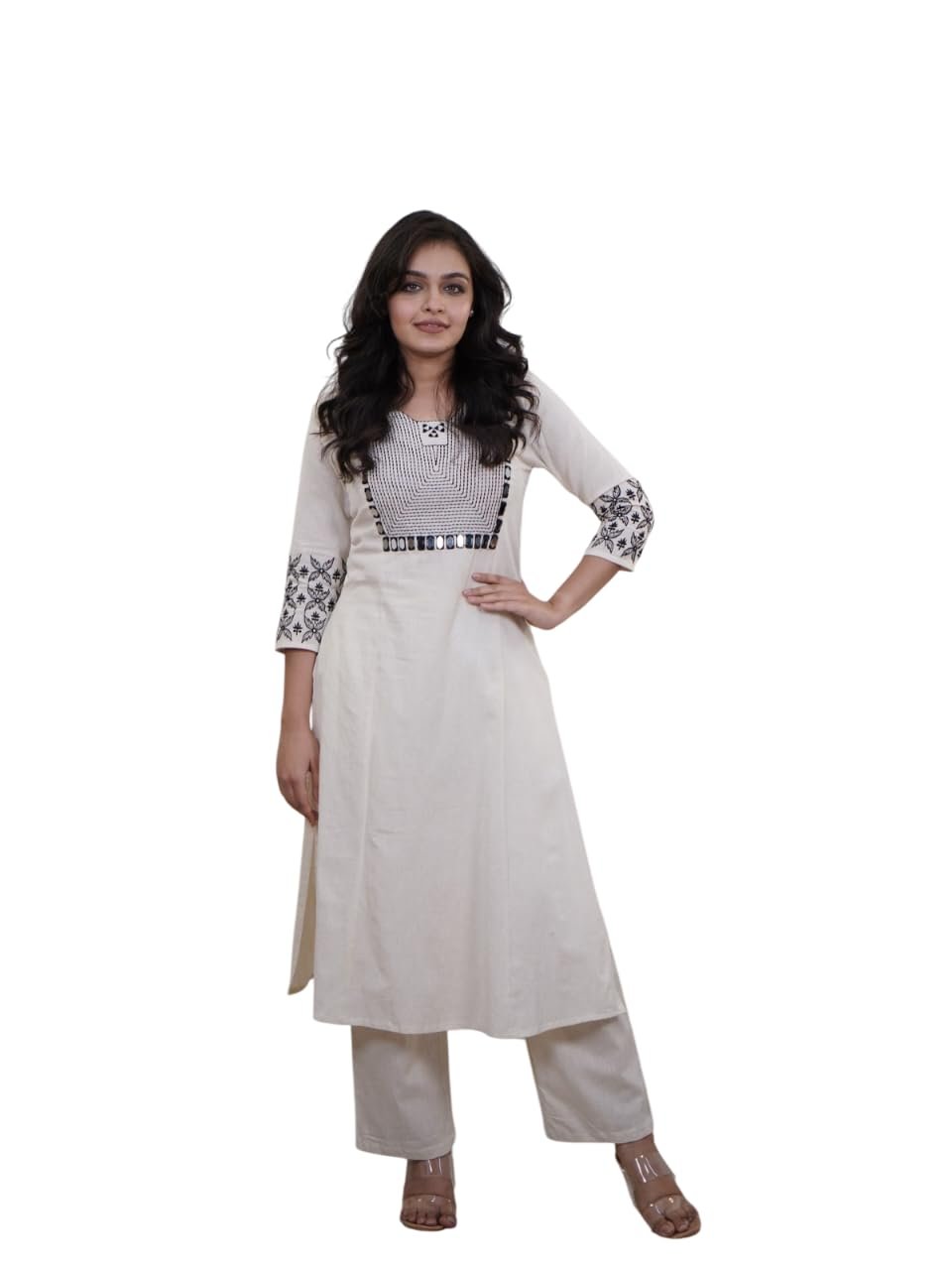 Trendy Articraft's Women's Cotton Embroidery Straight Kurti with Pant Set (White)