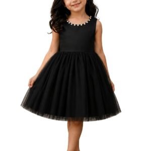 ZillyMilly Girls Party Dress Sleeveless Knee Length Net Frock with Pearl Neck | Princess Birthday & Wedding Dress for Kids | Baby Girl Frock (in, Age, 4 Years, 5 Years, Regular, Black)