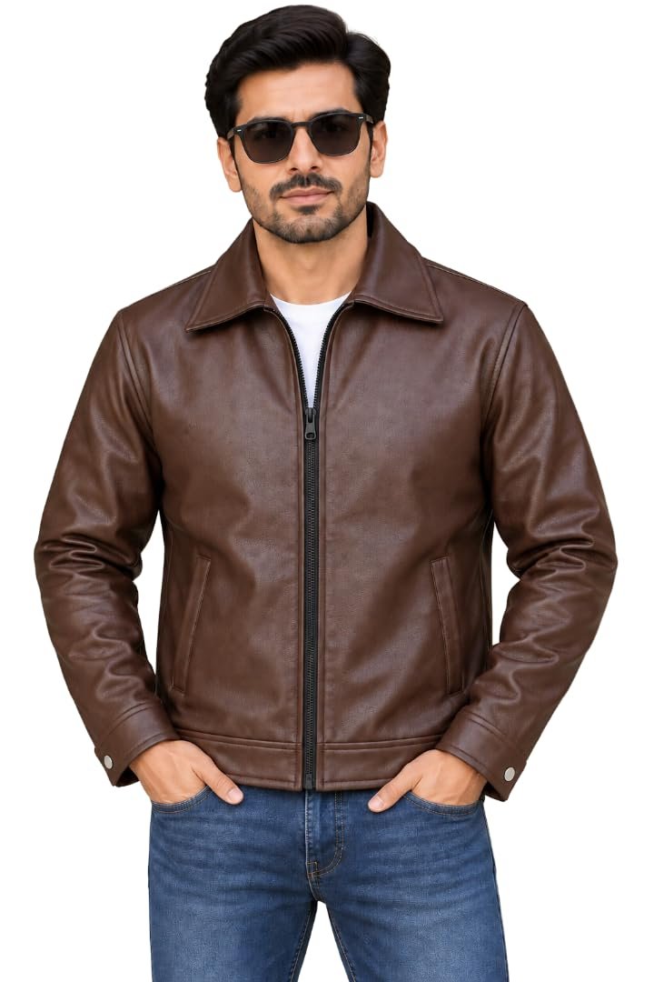 Men's Stylish Leather Jacket | Full Sleeve Zip-Up Winter Jacket with Shirt Collar, Side Pockets & Cuffed Sleeves | Casual Outerwear for Men (IN, Alpha, Regular, Brown)