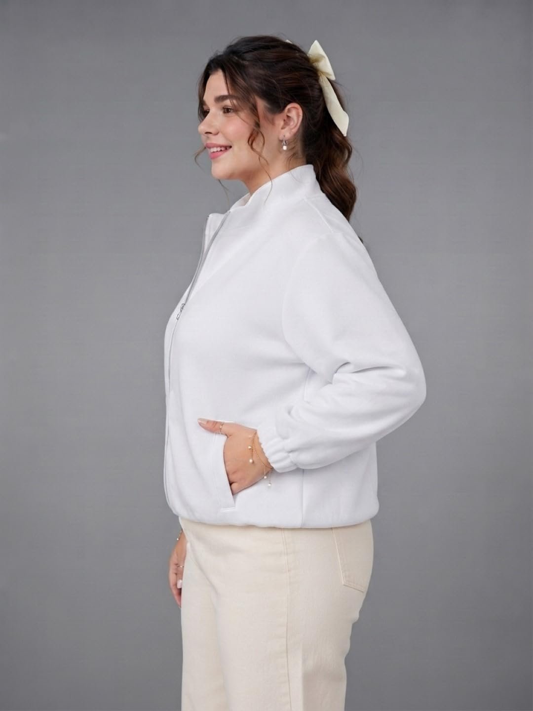 White Full Sleeve Jacket Women Winter Coat Warm Quilted Zip Up Outerwear - Image 3