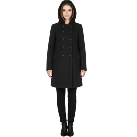 Women's Black Wool Blend Hooded Double Breasted Long Overcoat Winter Jacket Medium