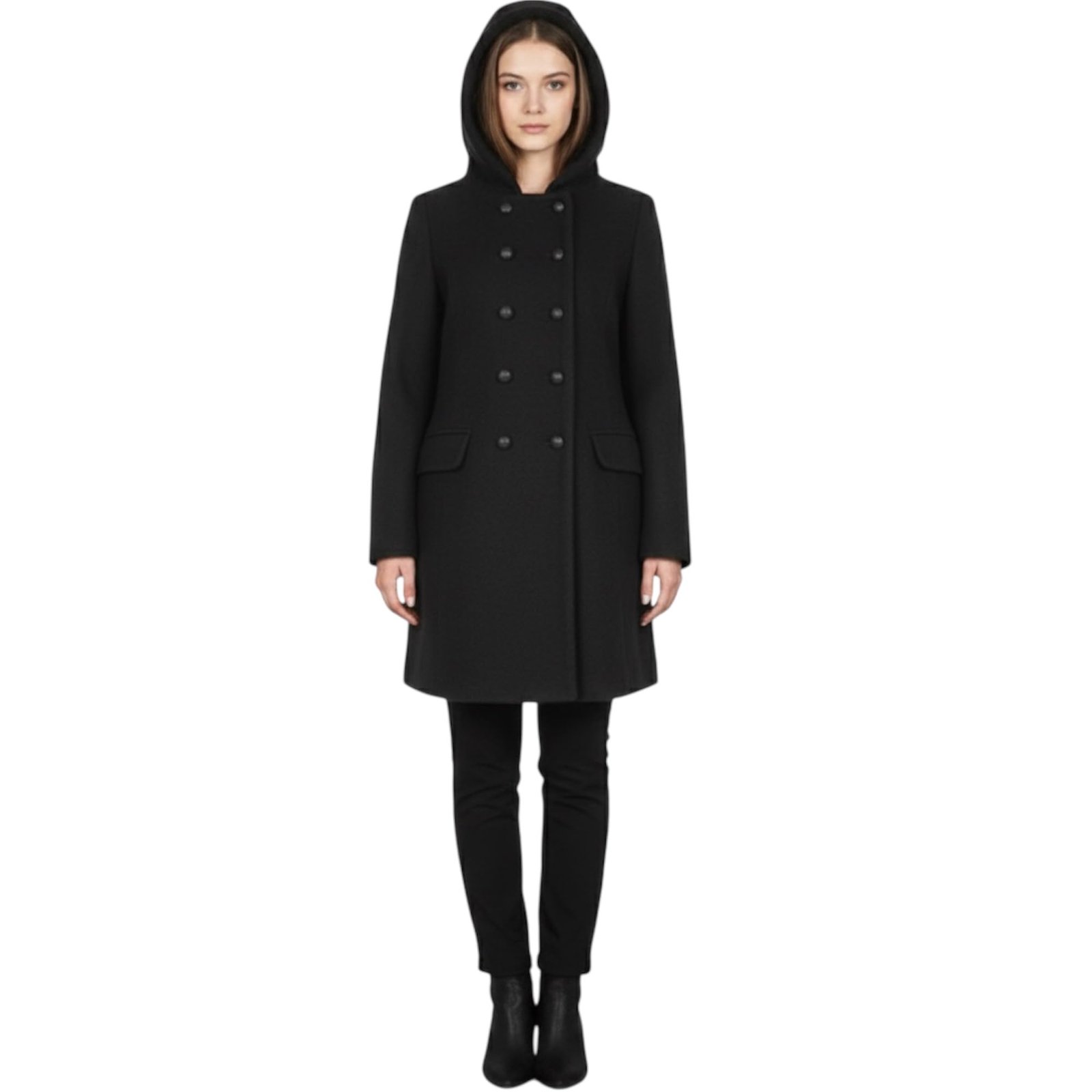 Women's Black Wool Blend Hooded Double Breasted Long Overcoat Winter Jacket Medium