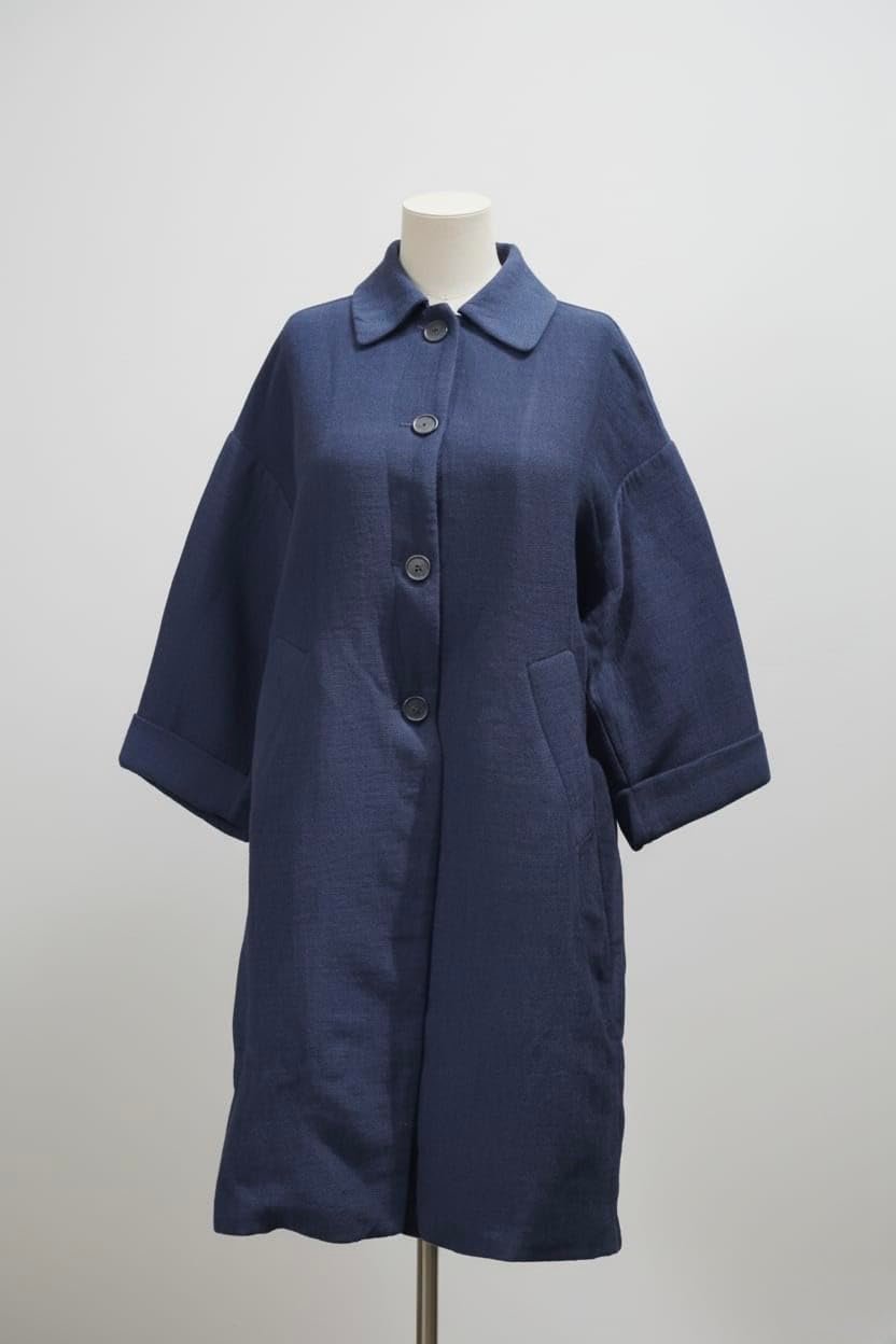 Navy Blue Double Breasted Wool Blend Overcoat For Women, Size L, Formal Winter Coat, Long Sleeve - Image 5