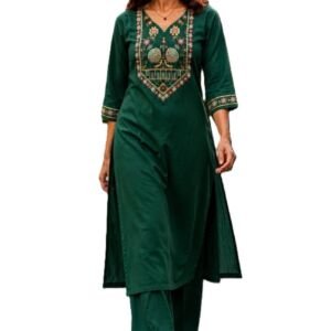 Women's Cotton V-Neck Kurta Set, 3/4 Sleeve Embroidered Festive and Occasion Straight Kurti with Matching Palazzo Pants Green XL
