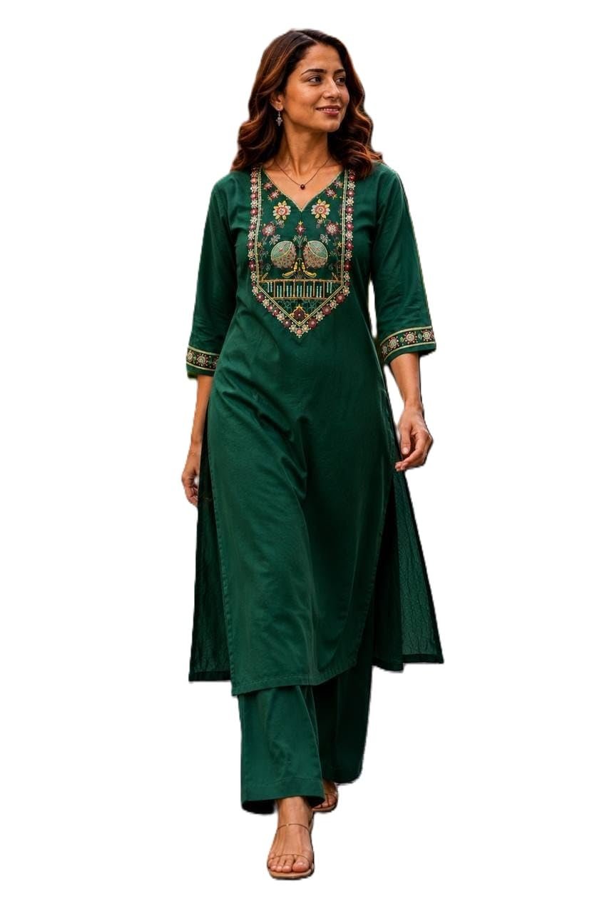 Women's Cotton V-Neck Kurta Set, 3/4 Sleeve Embroidered Festive and Occasion Straight Kurti with Matching Palazzo Pants Green XL
