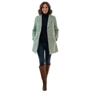 Women's Mint Green Long Trench Coat Slim Fit Winter Overcoat with Floral Brooch Green