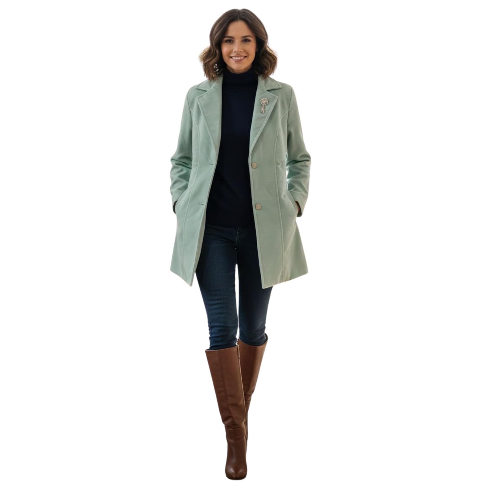 Women's Mint Green Long Trench Coat Slim Fit Winter Overcoat with Floral Brooch Green