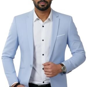 Men's Slim Fit Blazer, Light Blue, Single Button, Notch Lapel, Formal (in, Numeric, 40)
