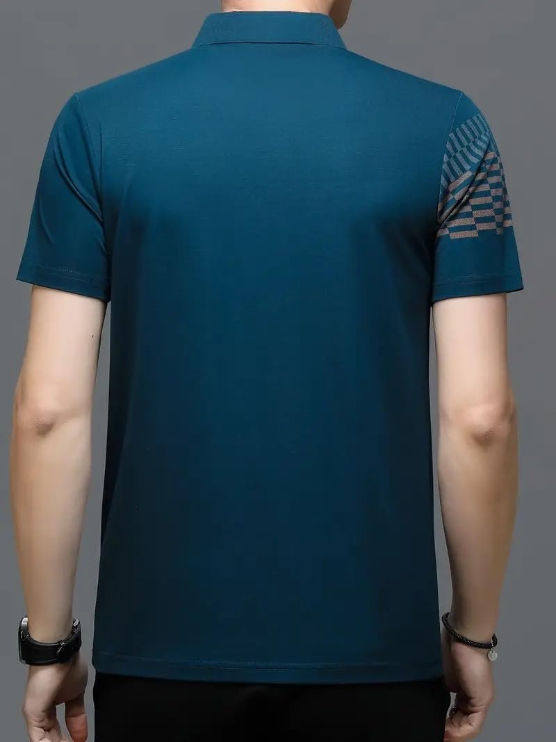 Men's Irregular Geometric Pattern and Alphabet Print Sports Collar Tshirt (Rizim Temu Print Polo-Blue001) - Image 3