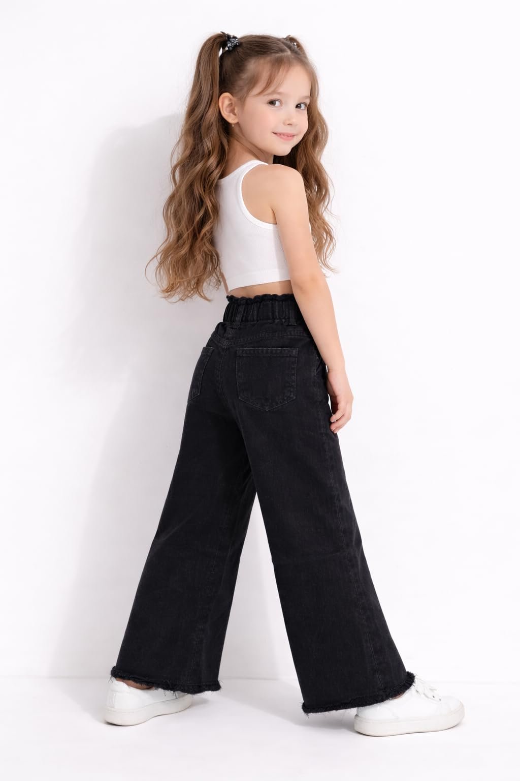 Girls Black Wide Leg Denim Jeans with High Waist Button Detail - Image 4
