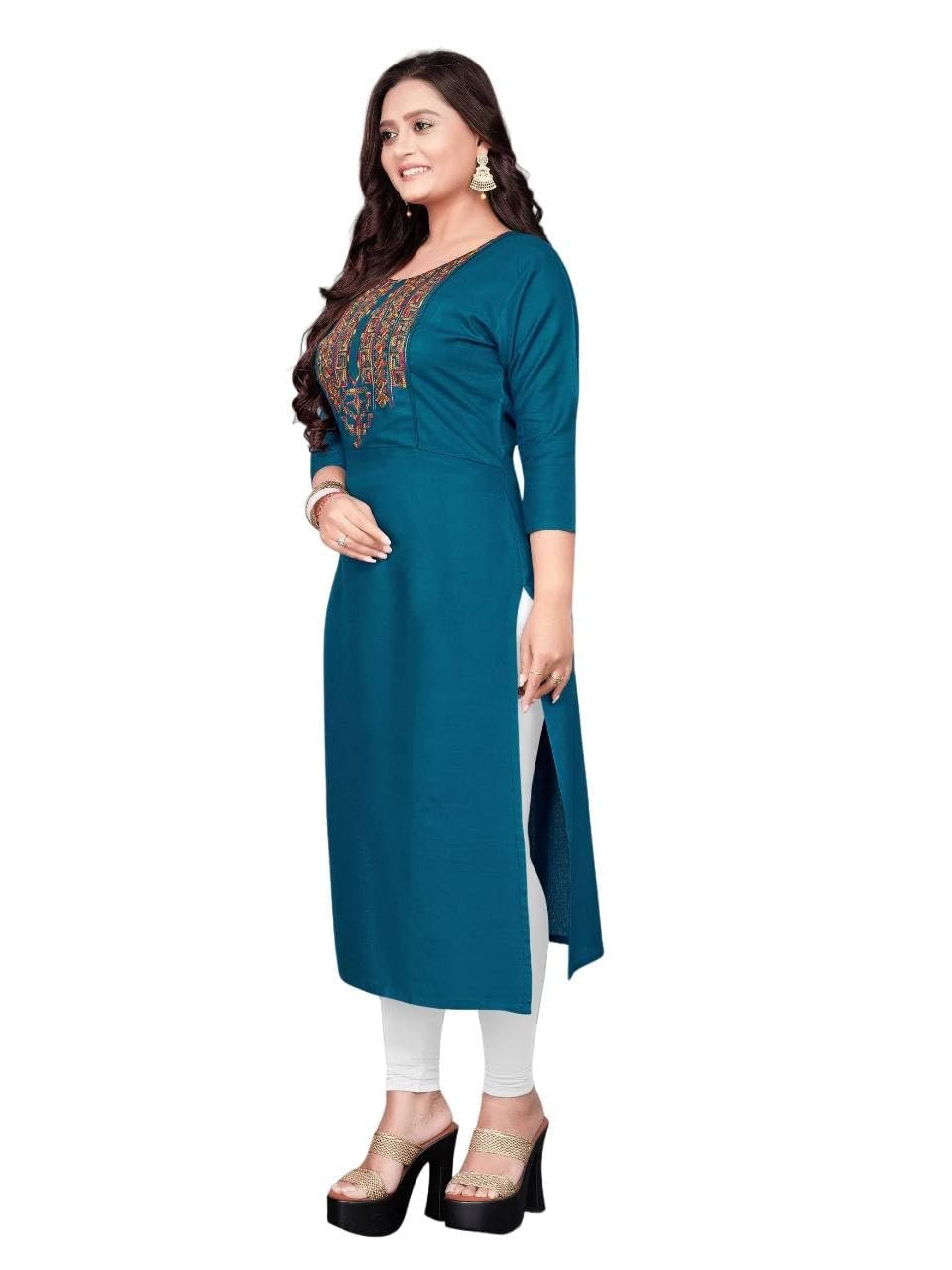 Raghav Silk Cotton Blend Straight Embroidery Kurti for Women (in, Alpha, Teal) - Image 3