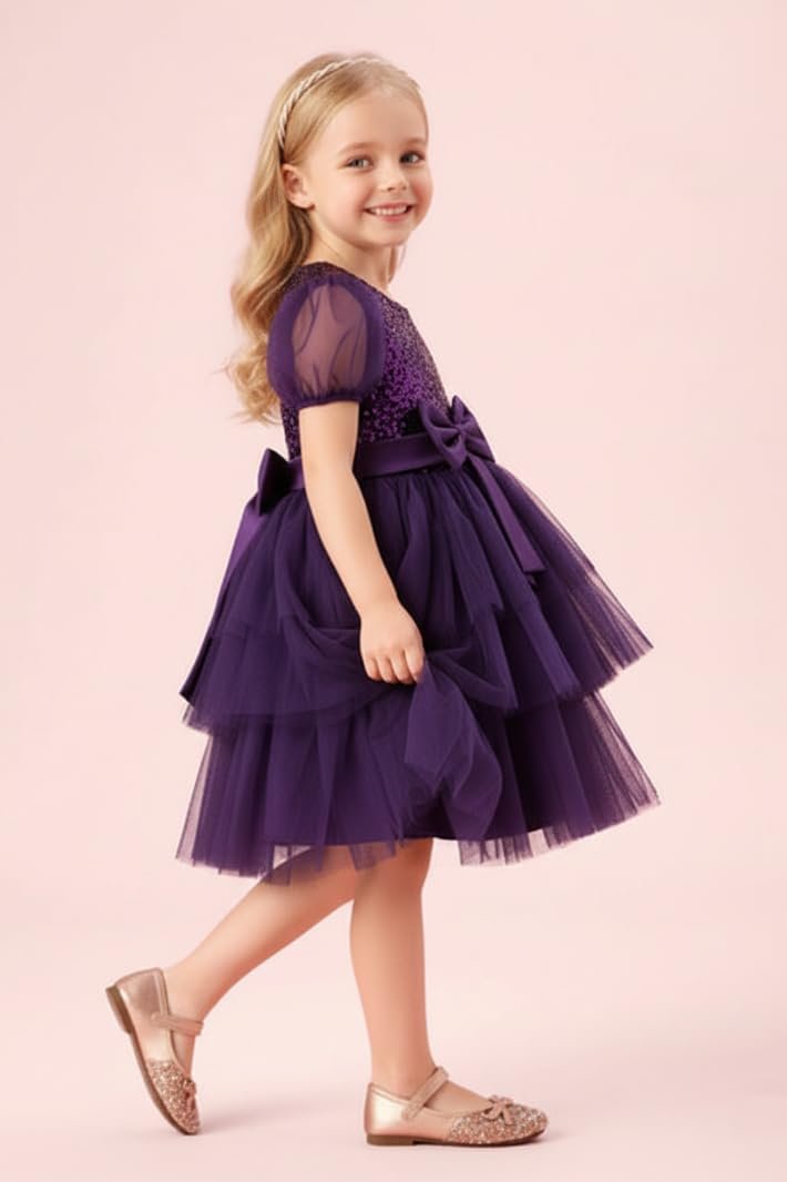 Girls Sequin Tulle Party Dress Toddler Little Kids Puff Sleeve Princess Dress with Bow, Layered Tutu Skirt, Wedding, Birthday, Holiday Purple - Image 2