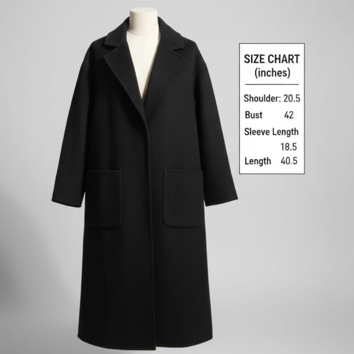 Women's Long Wool Blend Winter Black Overcoat Shoulder 20.5" Bust 42" Length 40.5" XL - Image 7