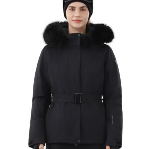 Womens Ski Jacket Fitted Belted Snow Coat with Fur Hood